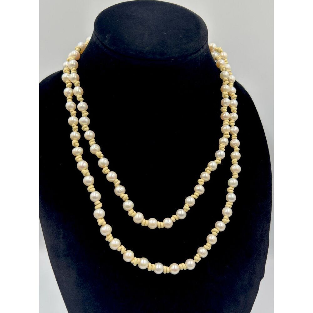 Chan Luu Signed Off White Cream Leather Knotted Pearl Necklace 42” Long